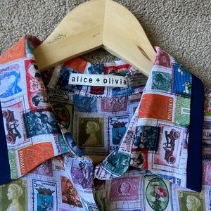 Alice + Olivia: Multi Colored Silk Stamp Blouse Medium